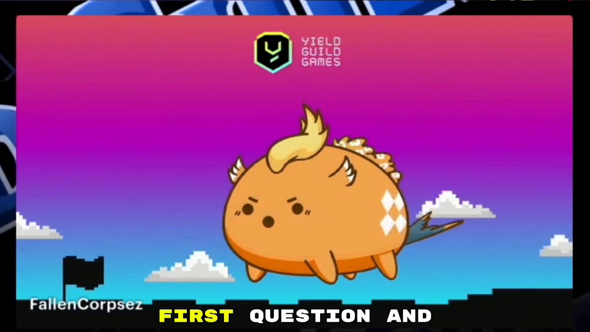The image features a cartoon character, specifically an orange dragon or bulldog-like creature with horns, sitting on top of a building. The text in the image reads "First question and". This suggests that there might be a game or activity related to the character or the setting depicted in the image.