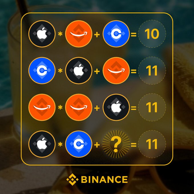 A puzzle from Binance featuring logos for Apple, Amazon, and Coinbase with multiplication and addition equations equating to 10 and 11, asking the viewer to solve for a final equation.