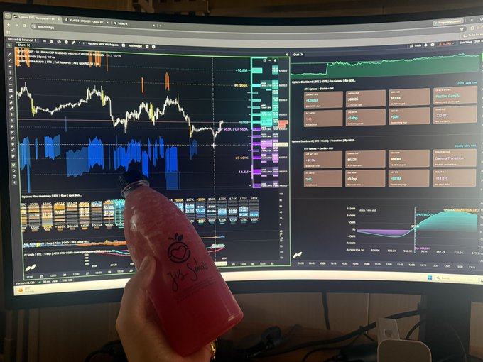 A hand holds up a bottle of "Hey Jojo" fresh watermelon juice in front of a curved monitor displaying a TradingView BTC options flow chart with options chain data, highlighting the trader's relaxed pre-market setup before the CME open.