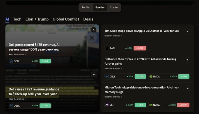 A financial news feed dashboard displays AI/Tech market updates, including headlines about "Dell posts record $47B revenue, AI servers surge 100% year-over-year," "Tim Cook steps down as Apple CEO after 15-year tenure," and Micron Technology's AI-driven memory surge, alongside stock tickers AAPL (+0.3%), DELL (+6.3%), NVDA (+3.02%), and MU (+5.54%). The interface features category tabs for "For You," "Equities," and "Crypto" at the top, aligning with the post's description of using Midas Markets for morning news feed checking across equities, crypto, and crypto Twitter (CT) content.