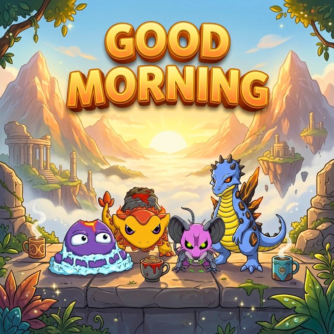 A colorful cartoon illustration with the text 'GOOD MORNING' displaying various monsters, including a slime and a dragon, gathered around mugs of coffee in a fantasy landscape.