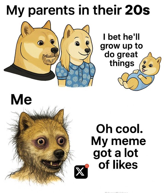 This two-panel meme contrasts "My parents in their 20s," depicted as cheerful "Dogecoin" Shiba Inus expressing hope that their child "will grow up to do great things," with "Me," shown as the disheveled "Cheems" dog replying "Oh cool. My meme got a lot of likes" alongside the X (formerly Twitter) logo with a "1" notification badge, humorously highlighting a generational gap in ambition and achievement.