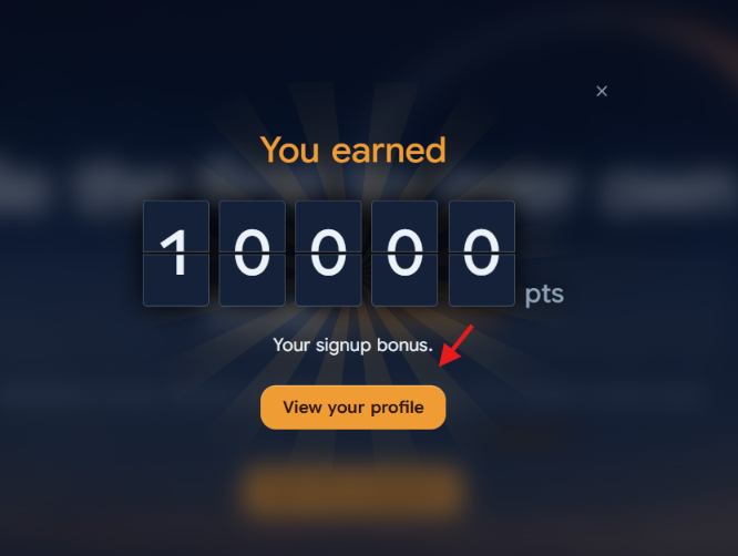 A popup screen showing "You earned 10000 pts" with the text "Your signup bonus" highlighted by an arrow, illustrating Frontier's promotion of 10,000 free points for new users who sign up and complete the basic setup.