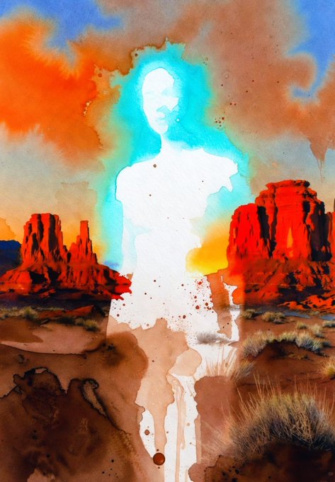 An artistic painting showing a white silhouette of a female figure glowing with a red and blue aura, set against a desert landscape with red rock formations.