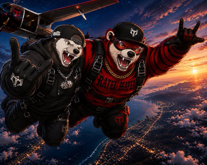 Two anthropomorphic bears wearing "Ratel Mafia" gear skydive from a plane over a coastal city at sunset, with "RATEL" and "RATELMAFIA" text on their apparel—perfectly visualizing the bullish sentiment toward the Ratel Mafia project mentioned in the post.