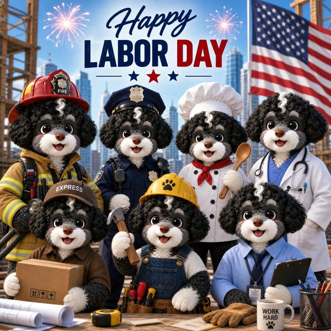 A festive 'Happy LABOR DAY' graphic displays a group of cartoon puppies dressed as various professionals including a firefighter, police officer, chef, doctor, delivery worker, construction worker, and office worker, set against a cityscape and American flag.