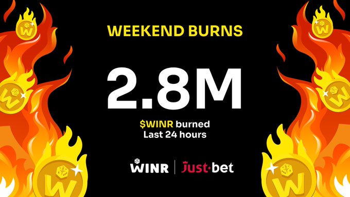 The image displays a bold promotional graphic with the headline "WEEKEND BURNS" announcing that 2.8M $WINR was burned in the last 24 hours, surrounded by illustrated flames and coin graphics against a black background, with the WINR and Just.bet logos featured at the bottom.