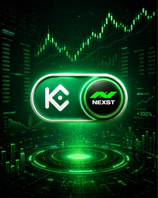 The image showcases KuCoin ("K") and NEXST trading pairs on a vibrant green digital trading platform displaying candlestick charts, order book data, and a prominent "+300%" 24-hour change, visually celebrating the reduced trading fees for $NXT/USDT highlighted in the post. The glowing neon aesthetic and bullish market graphics reinforce the message of NEXST gaining validation as a top-tier exchange listing on KuCoin.