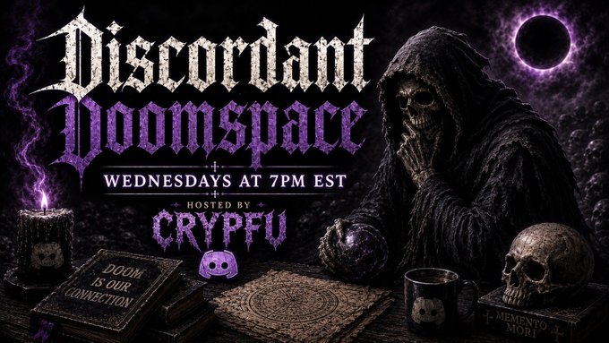 A gothic promotional banner for 'Discordant Doomspace' airing Wednesdays at 7PM EST, hosted by Crypfu, featuring a hooded grim reaper figure with a skull, crystal ball, and a book titled 'MEMENTO MORI'.