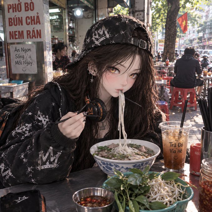 A stylish anime-style girl wearing a crown-patterned cap and headphones enjoys a steaming bowl of Vietnamese ph at a bustling street eatery, with a sign in the background advertising "PHỞ BÒ BÚN CHẢ NEM RN" alongside a menu reading "Ăn Ngon Sống Vui Mỗi Ngày," perfectly complementing the post's lunchtime appeal as she slurps noodles beside an iced "Trà Đá Vía Hè" drink and fresh herbs, capturing the simple joy of a midday meal while the caption reflects on modest earnings and savings from "Ngày 1: 1 VN" to "Ngày 7: 64 VNĐ | Tổng tích lũy: 127 VN."