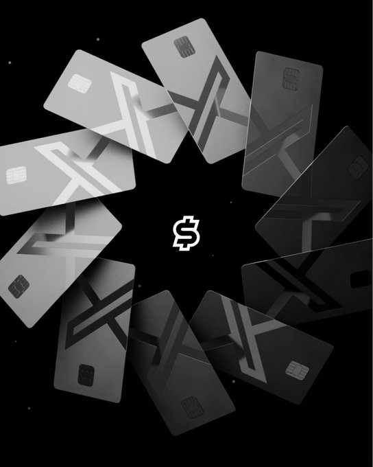 Multiple X-branded metal credit cards are arranged in a circular pattern around a central dollar sign ($) symbol on a black background, visually representing the launch of X Money as the platform transitions from beta testing to official rollout for select US Premium+ users.