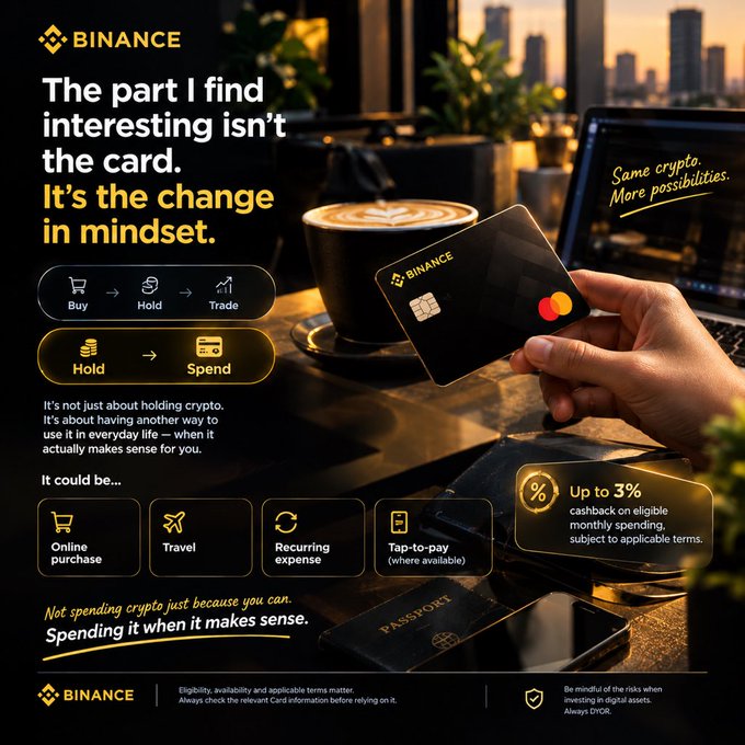 A Binance promotional graphic showing a hand holding a Binance crypto card with the tagline 'Same crypto. More possibilities.' and messaging about spending crypto for everyday purchases with up to 3% cashback.