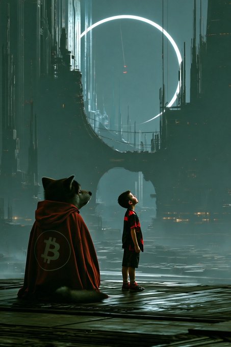 A cyberpunk-style digital artwork showing a boy and a dog wearing a Bitcoin logo cape standing before a futuristic city with a glowing crescent shape in the sky.