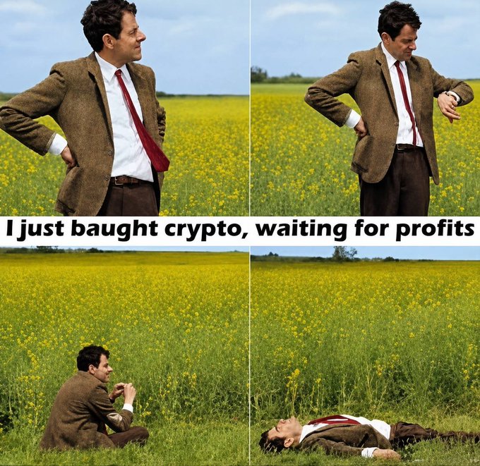 A four-panel meme showing Mr. Bean in a field, caption reads 'I just baught crypto, waiting for profits', with Bean progressively waiting, sitting, and lying down exhausted.
