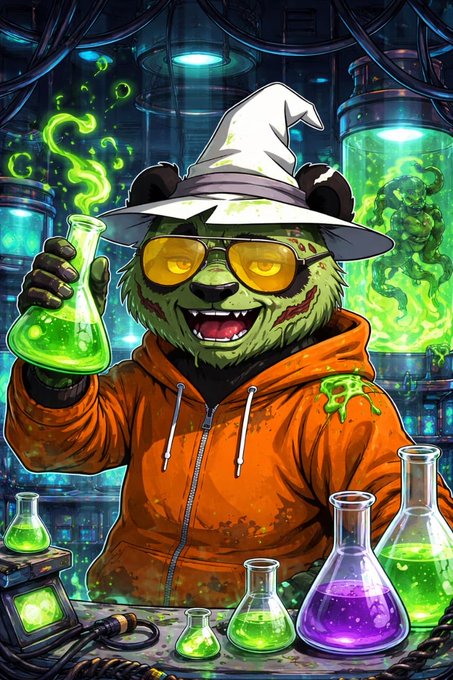 A vibrant digital illustration of a zombie-like bear wearing a wizard hat and yellow sunglasses, holding a glowing green flask in a laboratory with colorful beakers.