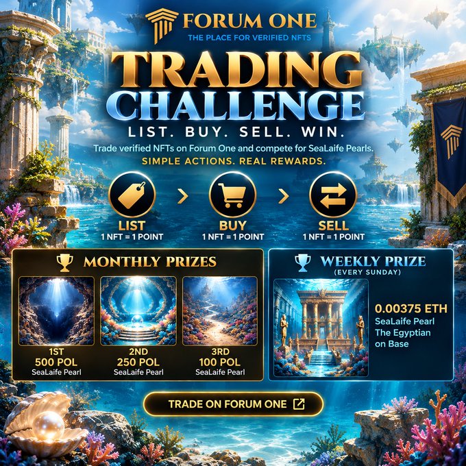 A promotional graphic for a 'Forum One Trading Challenge' featuring instructions to list, buy, and sell NFTs for SealLife Pearls, with monthly and weekly crypto prizes.