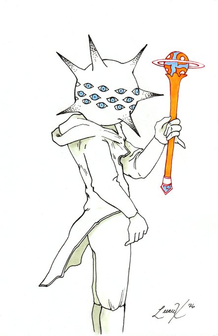 An illustration of a figure wearing a spiky mask covered in many blue eyes, holding an orange staff topped with a ringed orb.