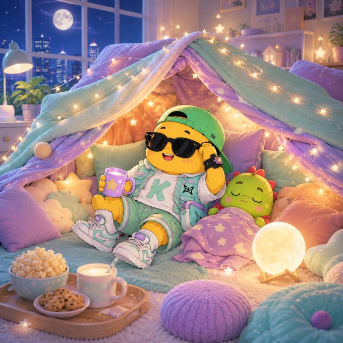 Digital artwork of a cute yellow emoji-like character wearing a green cap, sunglasses, and star-patterned jacket, relaxing under a blanket fort with fairy lights, holding a mug, accompanied by a small green dinosaur plushie.