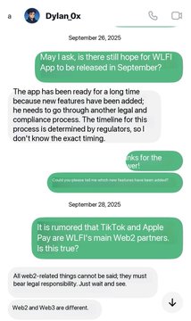 A DM conversation with 'Dylan.Ox' discussing potential WLF App launch partners, mentioning TikTok, Apple Pay, and concerns about regulatory timelines and compliance.
