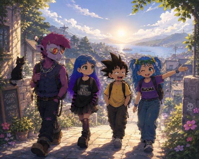 An anime-style illustration of four characters walking down a sunlit path in a hillside town overlooking the sea, with a chalkboard reading 'GOOD DAYS AHEAD'.