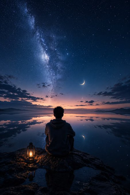 An illustrated scene of a person sitting on a rocky shore with a lantern, gazing at a starry night sky featuring the Milky Way and a crescent moon over a calm reflective sea.