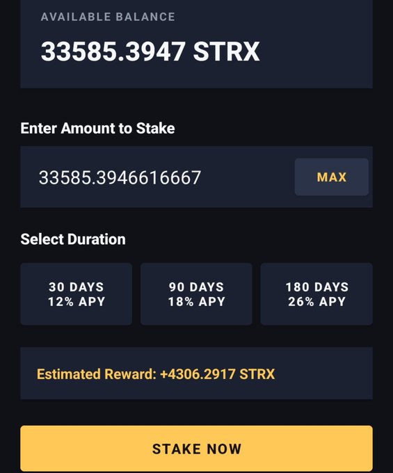 Staking interface showing an available balance of 33585.3947 STRX, with duration options of 30 days (12% APY), 90 days (18% APY), and 180 days (26% APY), estimating a reward of +4306.2917 STRX.