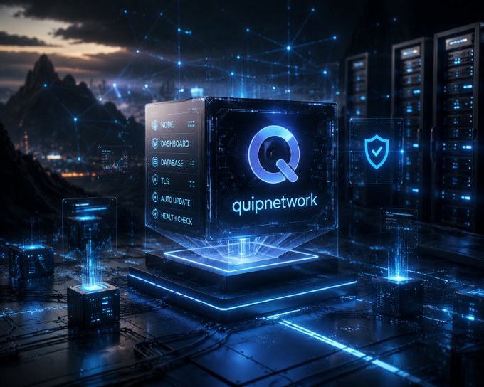 The image features a large cube-shaped object, possibly a computer chip or a piece of hardware, surrounded by smaller cubes that glow blue. The background shows a city skyline at night, creating an urban atmosphere around the technological display. The text "quipnetwork" is prominently displayed on the main object, and there are two smaller objects with the word "QubitRefill" written on them as well.