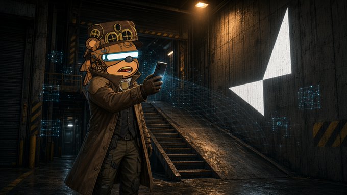 A steampunk-style character with glowing blue goggles and a mechanical helmet holding a smartphone in a dark industrial setting with a large white directional arrow on the wall.