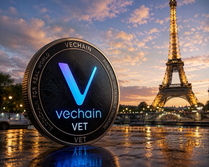 A large black and blue VeChain (VET) cryptocurrency coin displayed against the Eiffel Tower in Paris at sunset, with text including 'VECHAIN', 'BLOCKCHAIN FOR REAL WORLD', and 'POWERING SUSTAINABLE INNOVATIONS'.