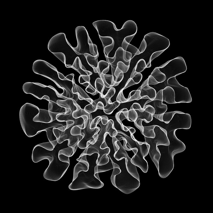 A generative artwork featuring a translucent, ruffled floral-like form radiating outward in white against a black background, symbolizing organic growth and expansion. Titled "Meditations on Growth #0," it represents the artist's debut mint on the Tezos blockchain in 2021, embodying themes of creation and emergence.