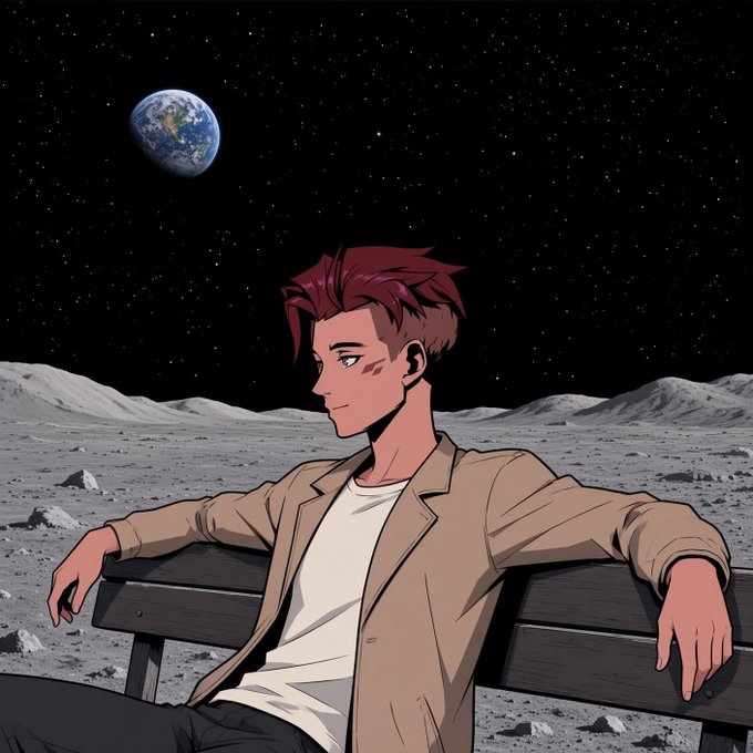 An anime-style illustration shows a young man with reddish-brown hair sitting on a bench on the moon, with Earth visible in the starry black sky above.