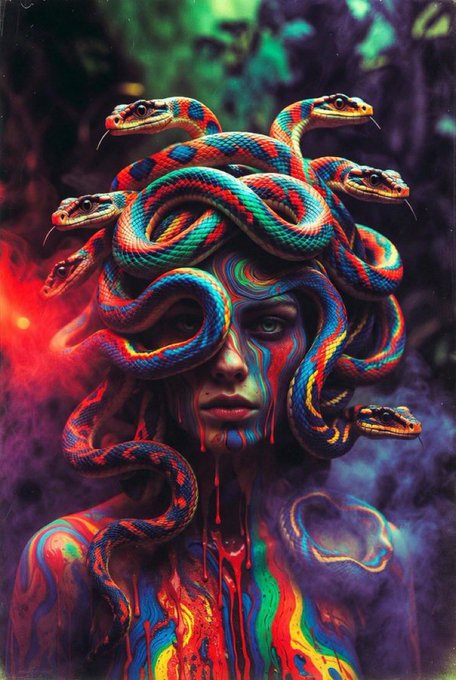 A vibrant, colorful digital artwork of Medusa with snakes for hair and a multicolored dripping paint effect covering her face and body.