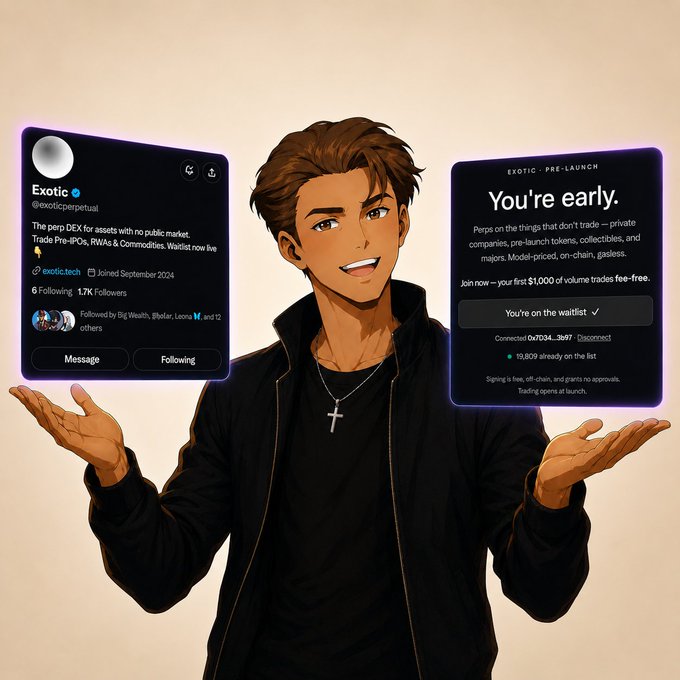 An anime-style illustration shows a smiling young man with a cross necklace shrugging, flanked by two floating panels displaying the "Exotic" (@exoticperpetual) Twitter profile and a pre-launch waitlist screen reading "You're early" with "19,809 already on the list," visually representing the post's endorsement of the perp DEX's early access offering.