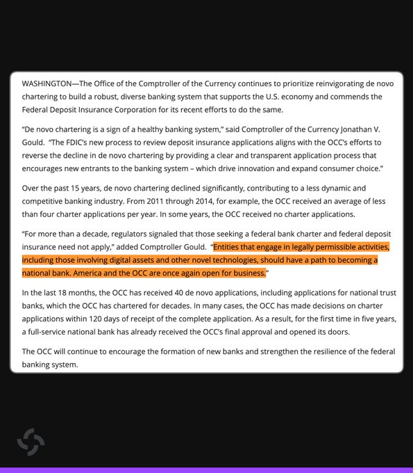 An OCC press release announcing Comptroller Jonathan V. Gould's statement that the agency is prioritizing new bank charters, with a highlighted passage reading: "Entities that engage in legally permissible activities, including those involving digital assets and other novel technologies, should have a path to becoming a national bank. America and the OCC are once again open for business." The release notes the OCC received 40 de novo applications in the past 18 months.