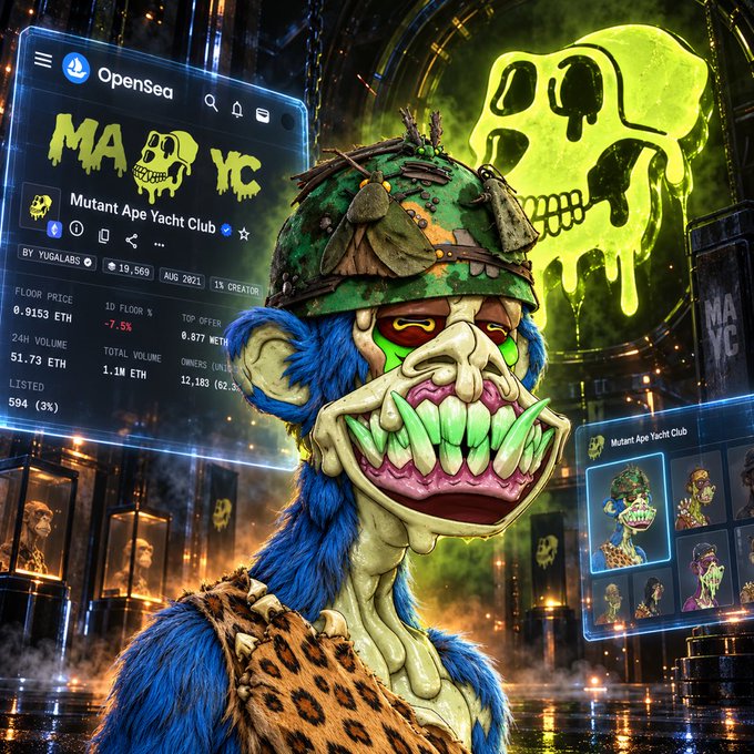 A dark, neon-lit NFT digital art scene featuring the 'Mutant Ape Yacht Club' (MAYC) by YUGALABS on OpenSea, with a fierce blue mutant ape wearing a camo helmet, stats showing a floor price of 0.9153 ETH, and a green skull logo glowing in the background.