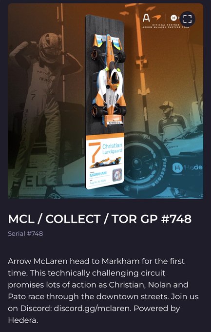 A digital collectible (#748) from the Arrow McLaren Collect series features a miniature race car mounted on a plaque with "7 Christian Lundgaard" branding, alongside a driver photo. The piece ties into the Arrow McLaren fan promotion encouraging users to download HashPack on Hedera to collect these racing-themed NFTs.