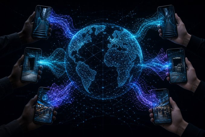 Multiple hands hold smartphones connected by glowing blue digital streams to a glowing world map globe.