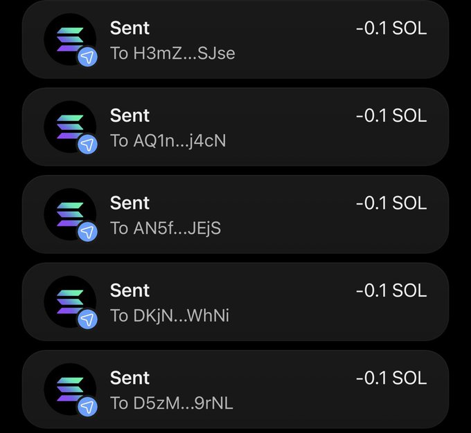 A mobile wallet screenshot showing five transactions of '-0.1 SOL' sent via Solana to various wallet addresses (H3mZ..., AQ1n..., AN5f..., DKjN..., D5zM...).