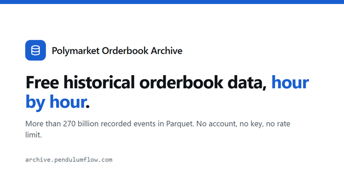 The image displays a promotional banner for the "Polymarket Orderbook Archive" at archive.pendulumflow.com, highlighting free historical orderbook data available hour by hour with over 270 billion recorded events in Parquet format, requiring no account or API key. This visually supports the post's claim of offering "military grade orderbook capture" for free, emphasizing the massive scale of data (growing at 2.3 billion rows per day) available to Polymarket data enthusiasts.