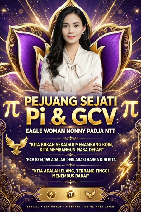 A promotional poster featuring a woman in a white blouse against a purple and gold background with text reading 'PEJUANG SEJATI Pi & GCV', 'EAGLE WOMAN NONNY PADJA NTT', and quotes including 'KITA BUKAN SEKADAR MENAMBANG KOIN, KITA MEMBANGUN MASA DEPAN' and 'GCV $314,159 ADALAH DEKLARASI HARGA DIRI KITA'.