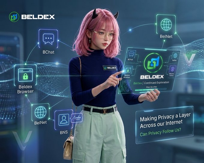 A promotional graphic for Beldex features a woman with pink hair and glasses holding a tablet, with icons representing BChat, BelNet, Beldex Browser, and BNS, along with the tagline 'Making Privacy a Layer Across our Internet'.