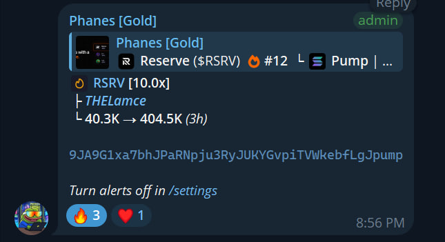 A Telegram message from 'Phanes [Gold]' admin showing a token alert for RSRV with a 10x multiplier, noting '40.3K → 404.5K (3h)' by THELaMc.