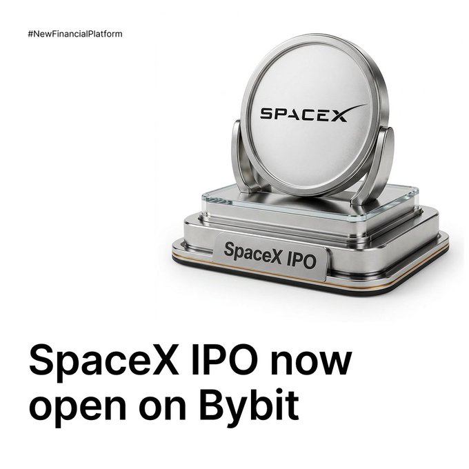 The image shows a silver trophy that says "SpaceX" on top of it. The trophy is placed on a white background, with the text "SPACEX IPO now open on Bybit" written below it. This suggests that the trophy represents an investment opportunity for those who want to invest in the SpaceX IPO.