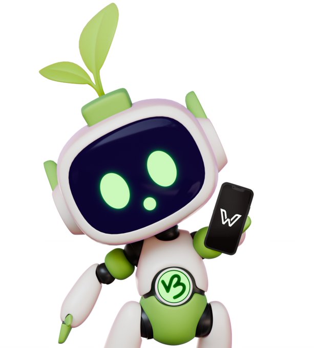 A cute white and green robot mascot with a sprout growing from its head holds a smartphone displaying a 'W' logo, featuring a 'V3' emblem on its body.