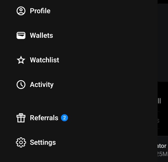 A dark menu interface displays options including Profile, Wallets, Watchlist, Activity, Referrals (with a notification badge of 2), and Settings.