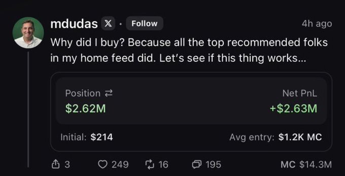 A social media post from user "mdudas" titled "Why did I buy?" shows crypto trading stats with a Position of $2.62M and Net PnL of +$2.63M, initial investment of $214, with 249 comments.