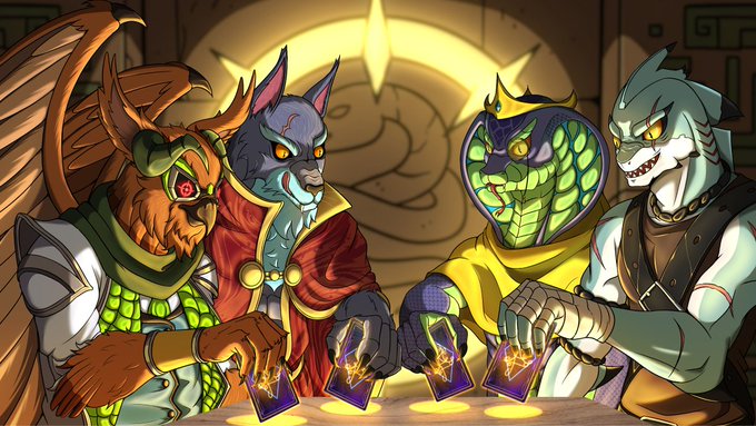 An illustration of four anthropomorphic animal characters (appearing to be a chameleon, cat, lizard, and shark) holding glowing cards, likely from a video game with fantasy creatures.