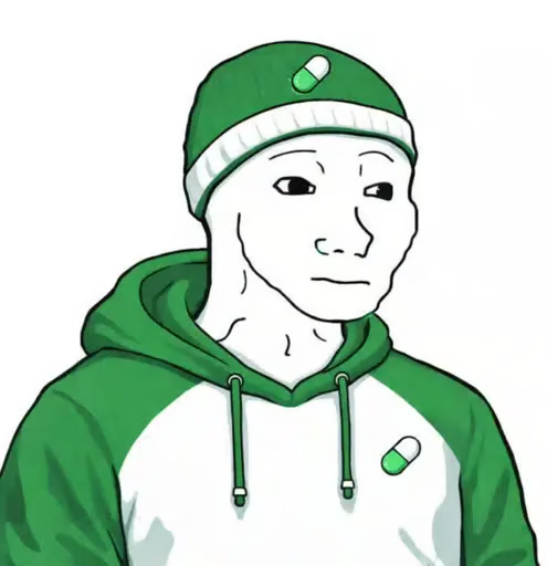 A stylized Wojak-style cartoon illustration of a character wearing a green and white hoodie with a green beanie, featuring a small pill logo design.