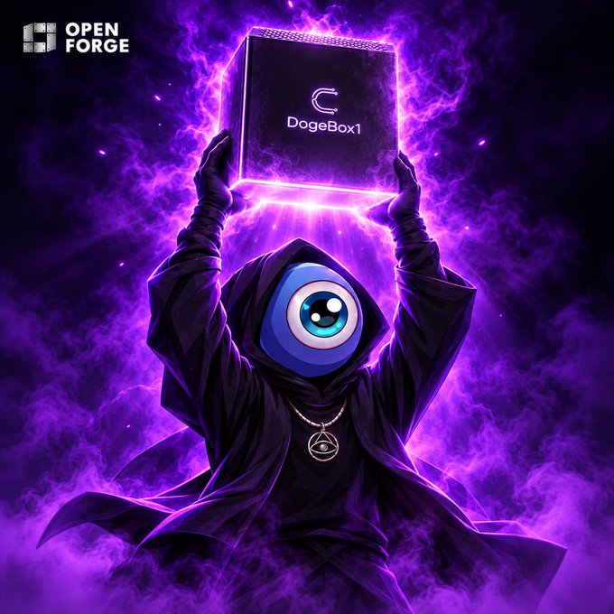 A hooded, cloaked figure with a single glowing blue eye stands amidst swirling purple smoke and dramatic light rays, raising a dark box labeled "DogeBox1" above their head like a sacred relic. In the top-left corner, the "OPEN FORGE" logo is visible, tying the mystical artwork to the announcement of DogeBox1 multipliers as part of the broader update featuring CYS, Venus v0.3.0, the Bitget hackathon partnership, and CyOps teases.