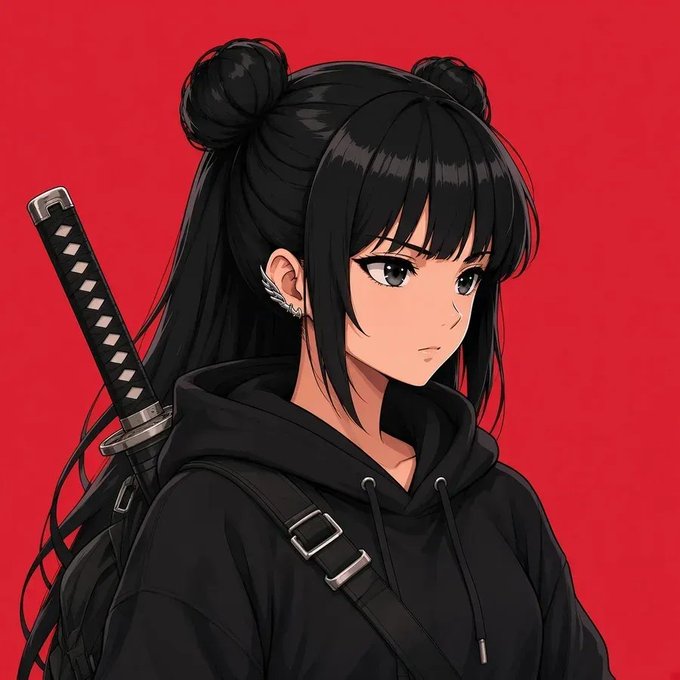 An anime-style illustration of a young woman with black hair in double buns, wearing a black hoodie with a katana strapped to her back, set against a bright red background.